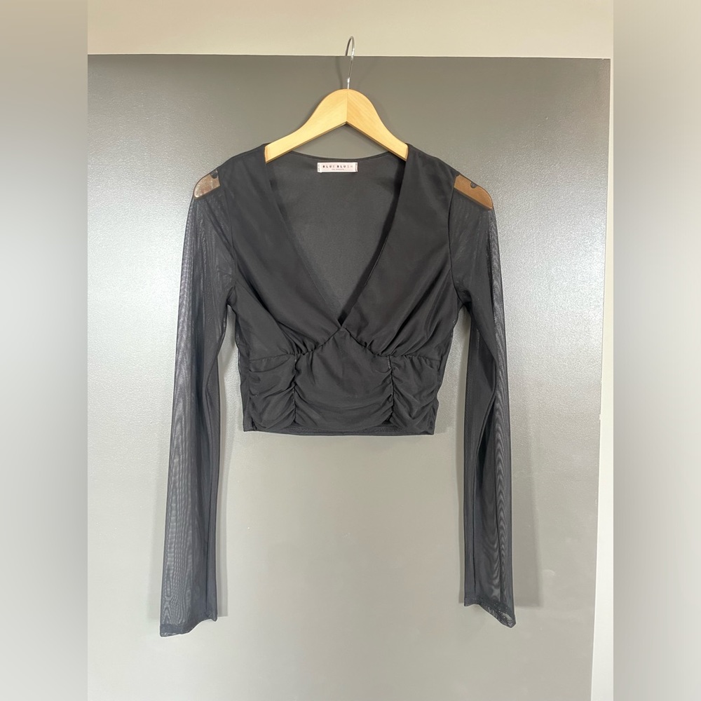 Black long sleeve crop top with mesh sleeves | Large | Blue Blush